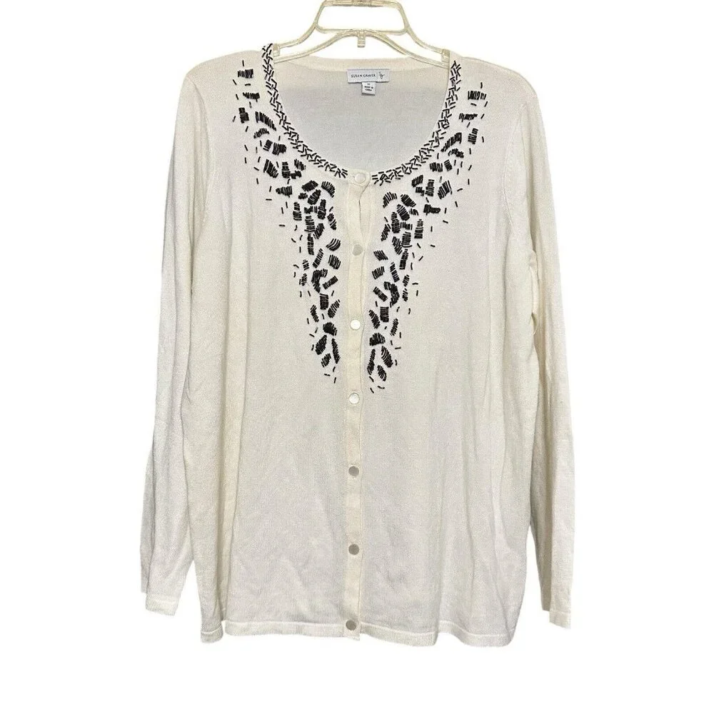 Susan Graver Ivory White Black Beaded Cardigan Sweater Button‎ Down 1X